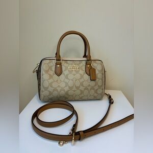 Coach Rowan satchel bag in blocked signature canvas gold/light khaki